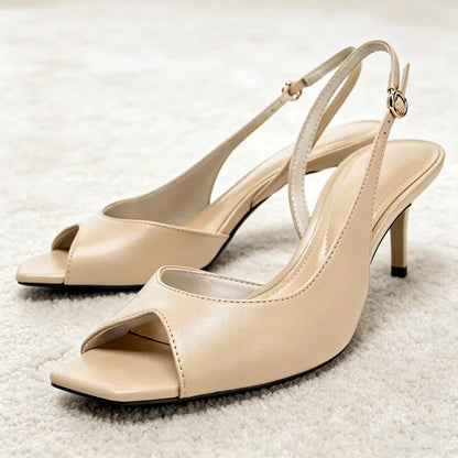Nude Soft Leather Pu Heeled Sandals Women Fashion Asymmetric Design Style Slingback High Heels for Ladies Elegant Women Shoes