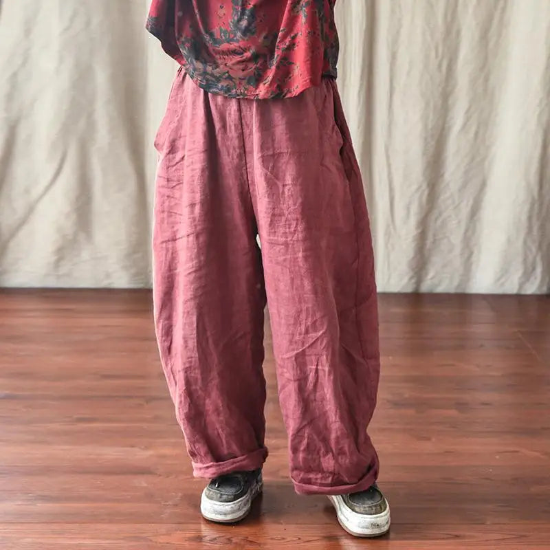 High Quality New Spring Summer Arts Style Women Elastic Waist Loose Ankle-length Pants Solid 100% Linen Casual Harem Pants T425