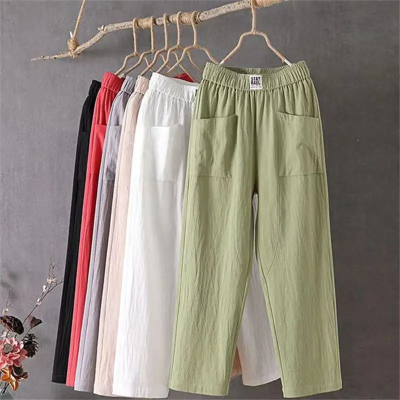 Women's Soft Cotton Linen Pants with Pockets Casual Solid Color Straight 4 Points Pants Fashion Loose Versatile Harem Pants
