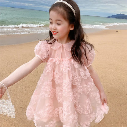 Baby Girls 3D Flowers Dress Summer Beaded Collar Princess Dress Fashion Kids Birthday Party Gown Children Clothes Vestidos 2-8 Y