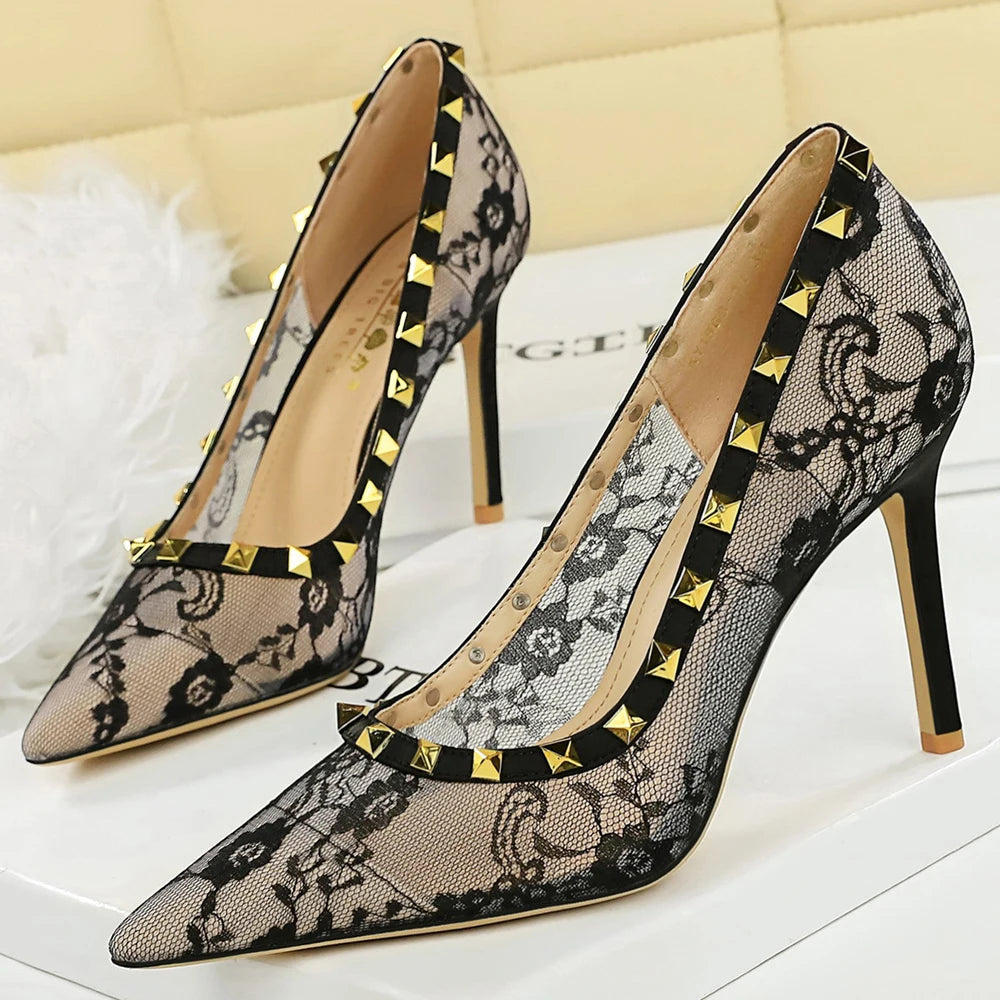 BIGTREE Shoes Sexy High Heels Lace Mesh Women Pumps Rivet Decoration Stiletto Heels 9 CM Ladies Sexy Party Shoes Plus Size 43