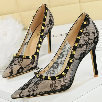 BIGTREE Shoes Sexy High Heels Lace Mesh Women Pumps Rivet Decoration Stiletto Heels 9 CM Ladies Sexy Party Shoes Plus Size 43