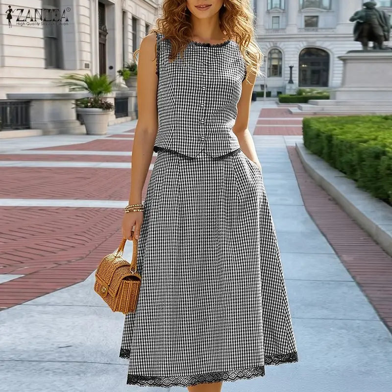 ZANZEA Summer Sleeveless Plaid Patchwork Vests Tops Dress Sets Elegant Women 2 Pieces Sets Stylish OL Work Skirt Suit OL Outfits