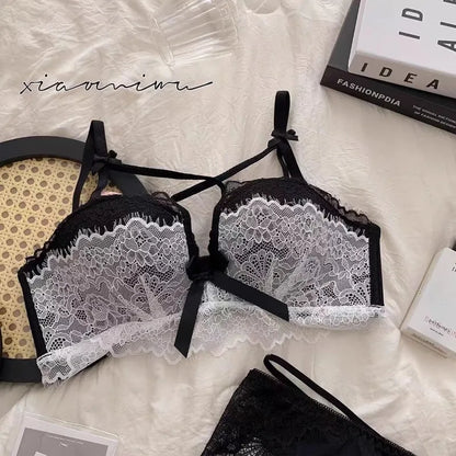 BANERDANNI Kawaii Anime Bra Set Japan Maid Lace Bralette with Thicken Pads Cut-Out Design Small Bust Enhancer Pure-Sex Underwear