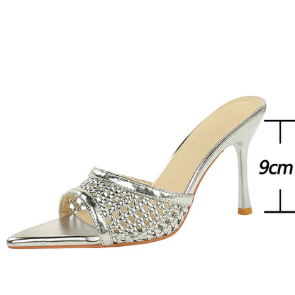 BIGTREE Shoes Weaving Design High-Heeled Sandals Women Shoes Summer Women Pumps Pointed Open-Toe Stiletto 9 CM Heeled Slippers