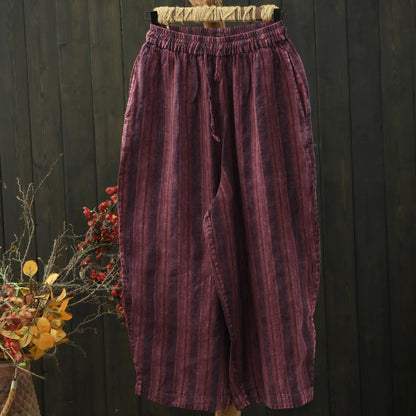 100% Linen Women Casual Harem Pants New 2026 Summer Vintage Style Striped Loose Comfortable Female Ankle-length Pants M2406