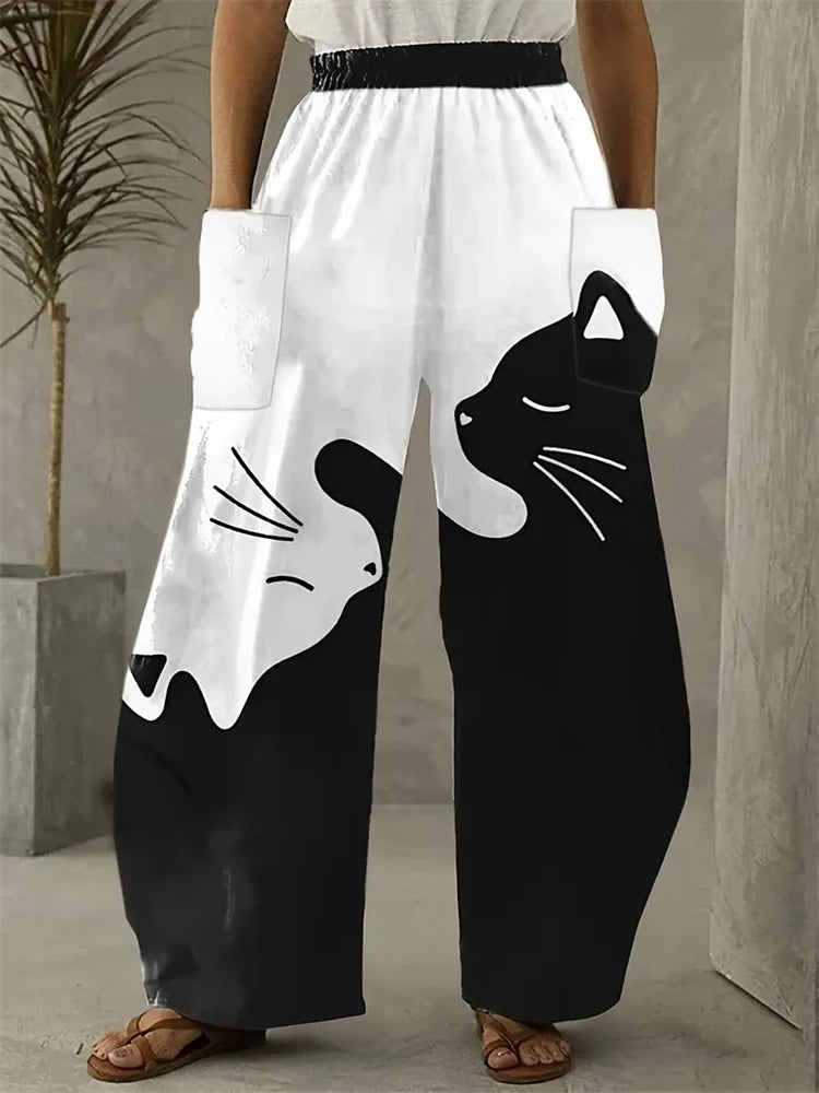 Women's Large Size Cartoon Cat Loose Wide-legged Pants Fall And Winter Casual Elastic Waist Pants Home Large Size Women Clothing