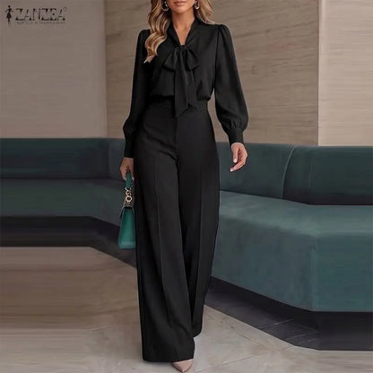 ZANZEA Women Elegant Chic Matching Pant Sets Tie Neck Long Sleeve Blouses & Wide Leg Pants 2pcs Suits Office Commute Wear Outfit