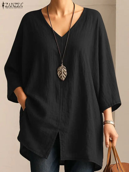 ZANZEA 2025 Autumn 3/4 Sleeve Blouses Women Casual V-Neck Solid Color Slit Hem Long Blouse Loose Everyday Wear 3 Colors S-3XL