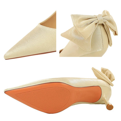 BIGTREE Shoes Pointed Women Pumps Bowknot Satin Kitten Heels Ladies Shoes Stiletto 6.5 CM Comfort Luxury Banquet Shoes Women