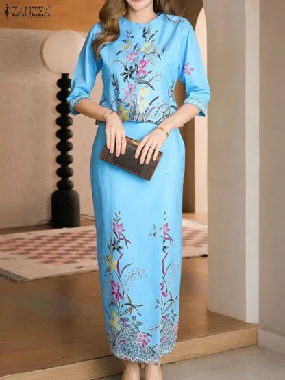 ZANZEA Vintage Floral Printing 2 Pieces Skirt Sets Women Elegant 3/4 Sleeve Short Tops and Long Pencil Skirts 2pcs Suits Outfits