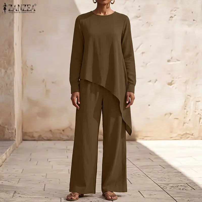 ZANZEA Women Pants Sets Two Piece Outfit Irregular Hem Tunic Tops Wide Leg Pant Casual O Neck Long Sleeve Solid Color 2PCS