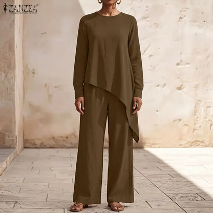 ZANZEA Women Pants Sets Two Piece Outfit Irregular Hem Tunic Tops Wide Leg Pant Casual O Neck Long Sleeve Solid Color 2PCS
