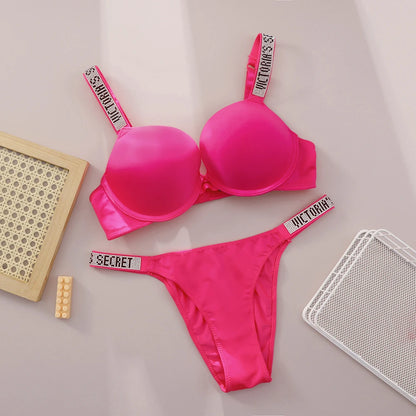 Victoria Secret Shine Script Thong Panty Very Sexy Logo Shine Strap Push Up Bra Set Sexy Women Lingerie Hot