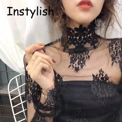 Women Elegant Perspective Lace Blouse Sexy Long Flare Sleeve High Collar Inner Wear Base Tunic Top Casual Mesh Bottom Shirts