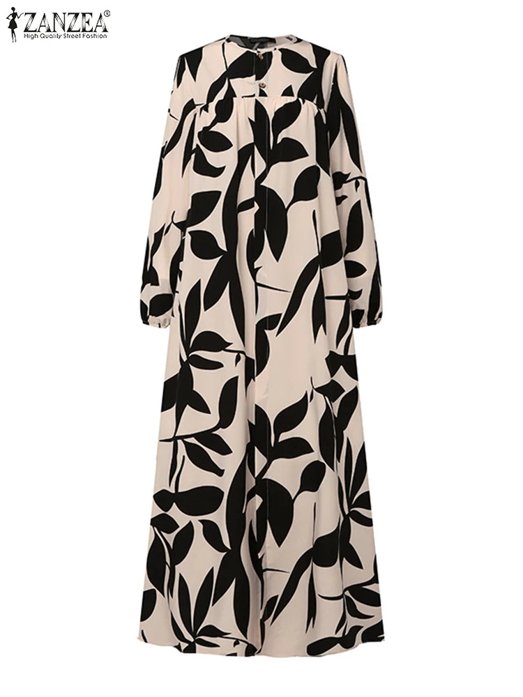 Women Fashion Long Sleeve Floral Print Muslim Dress Abaya ZANZEA Autumn Bohemain Sundress Maxi Long Vestidos Islamic Clothing