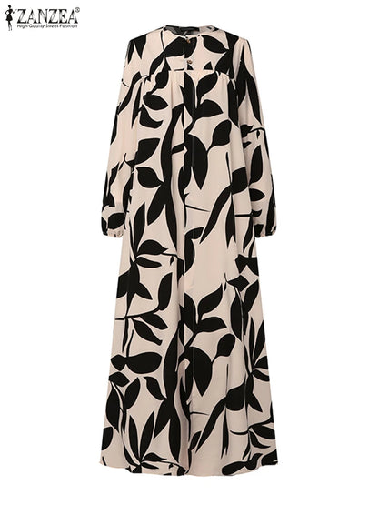 Women Fashion Long Sleeve Floral Print Muslim Dress Abaya ZANZEA Autumn Bohemain Sundress Maxi Long Vestidos Islamic Clothing