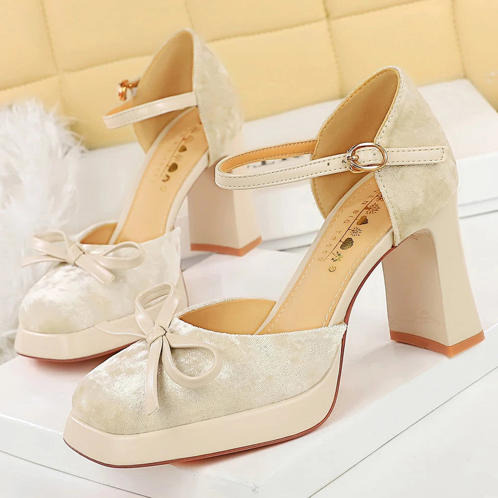 BIGTREE Shoes Suede Women Pumps Thick Heeled Shoes With High Heels Bowknot Platform Heels 9 CM Buckle High-heeled Sandals Summer
