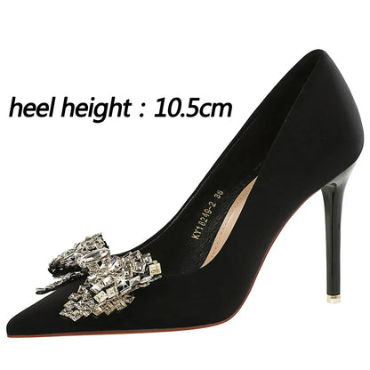 BIGTREE Shoes Luxury High Heels Women Pumps Rhinestone Bowknot Banquet Shoes Women Heels Stiletto Sexy Party Shoes Plus Size 43