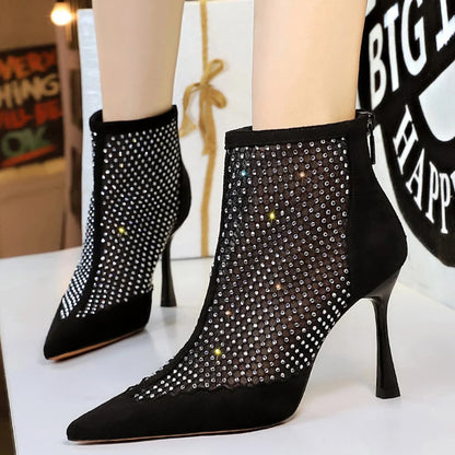 Sexy Mesh Rhinestones Women Boots Net Breathable Boots Stiletto High-Heeled Boots Summer Sandals Boots Rear Zipper High Heels