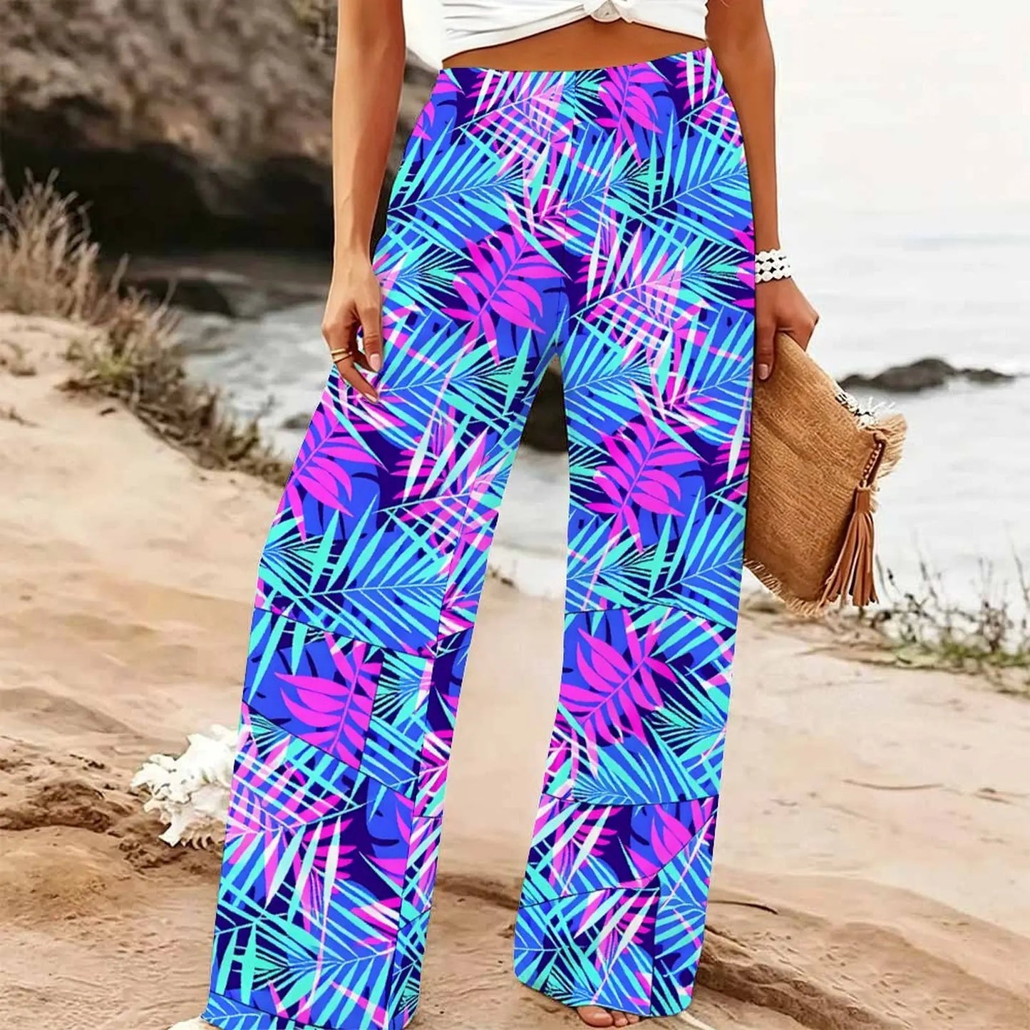 Women's Summer Beach Wide Leg Trousers Floral Print Elastic High Waist Loose Fit Casual Vacation Palazzo Pants