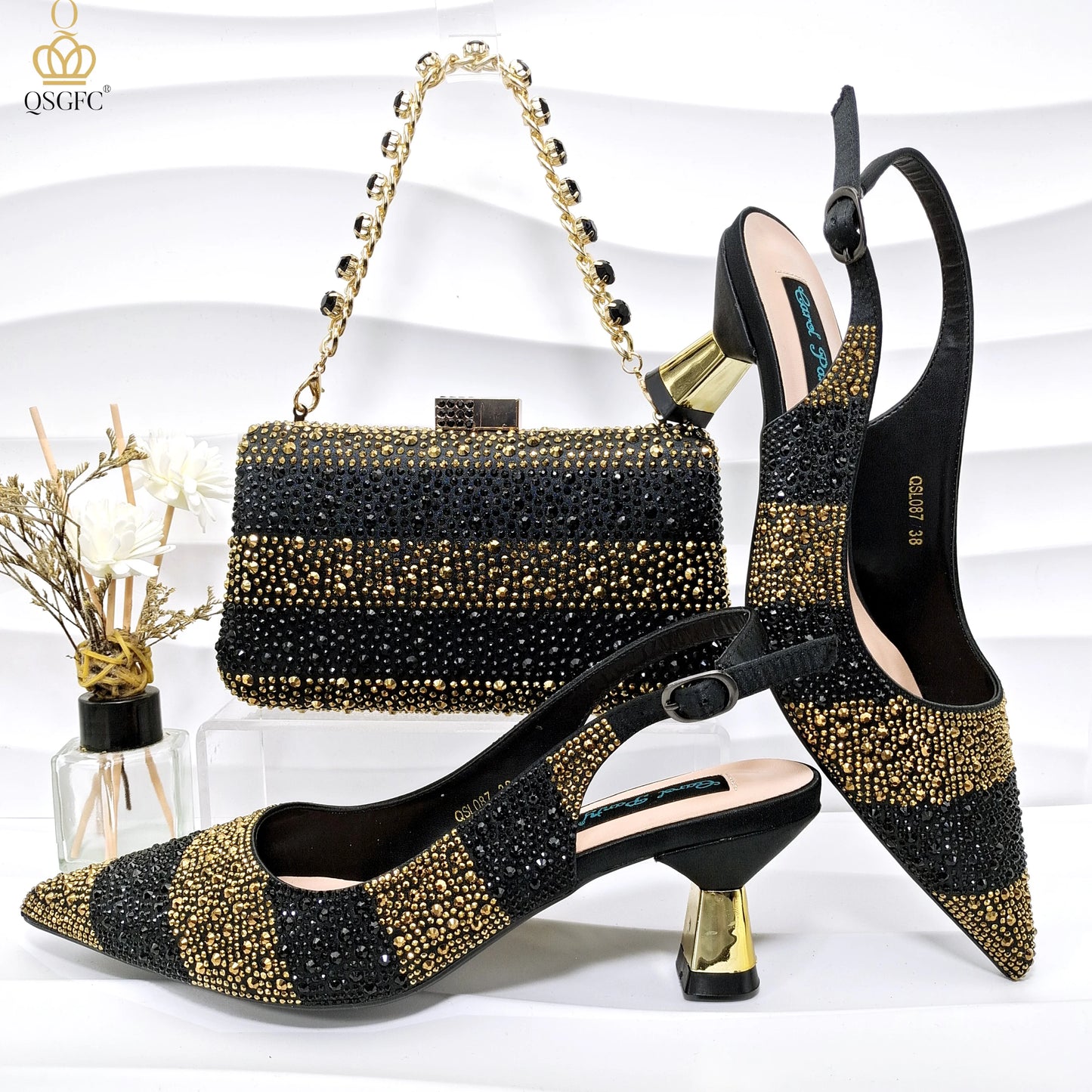 2026 Nigerian Women Heel Ladies Italian Luxury Design Green Shoes And Bag Set Decorated with Rhinestone Handbag Wedding Party