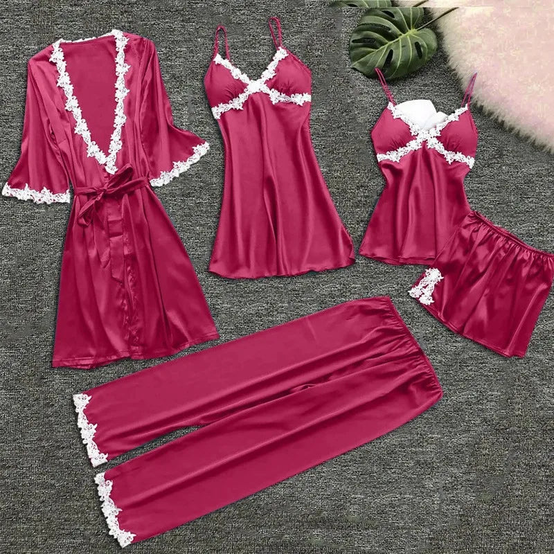 Ladies Underwear Women'S Sexy Nightgown Set 5-Piece Women Sexy Garter Lingerie Set Robes Lace Bodysuit Deep-V Neck Underwear