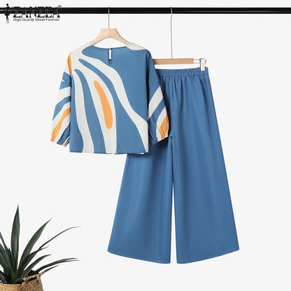 ZANZEA Women's Pant Sets with Abstract Waves Print 3/4 Sleeve Blouse & Wide Leg Pant 2 Pieces Suits Summer Casual 2pcs Outfits