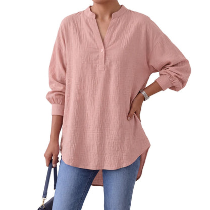 ZANZEA Oversized High-Low Blouses Woman V-Neck Lantern Sleeves Crinkled Fabric Solid Color Tops 2026 Autumn Casual Work Blusas