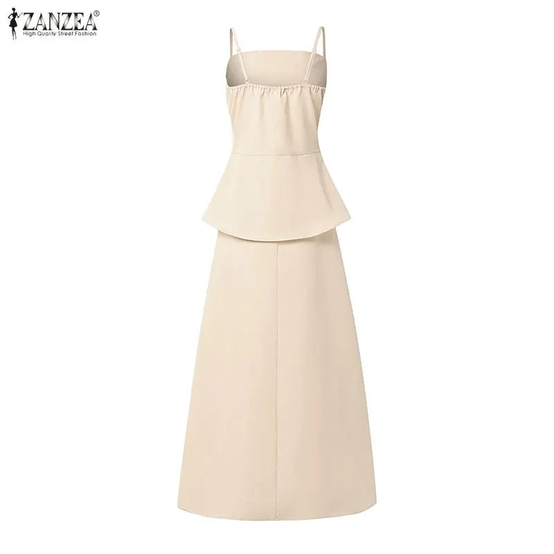 ZANZEA Women Elegant Skirt Suits Fashion Asymmetrical Hem Spaghetti Strap Top & A-Line Skirt 2 Pieces Sets Going-Out 2pcs Outfit