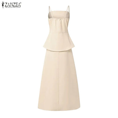 ZANZEA Women Elegant Skirt Suits Fashion Asymmetrical Hem Spaghetti Strap Top & A-Line Skirt 2 Pieces Sets Going-Out 2pcs Outfit