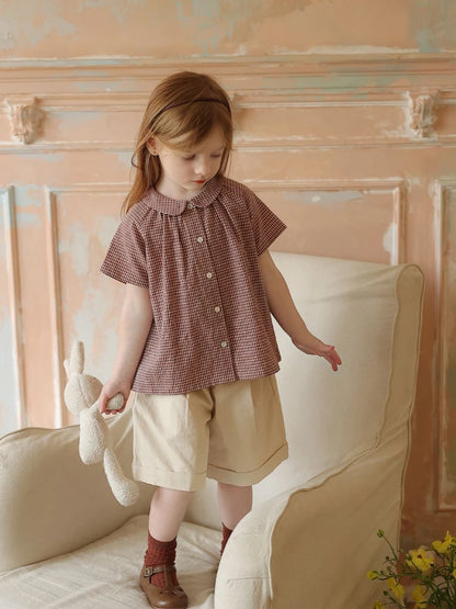 Kids Girl Summer Shirt 2026 Korean Inspired Plaid Peter Pan Collar Short Sleeve Blouse Cute Casual Top for Baby Toddler