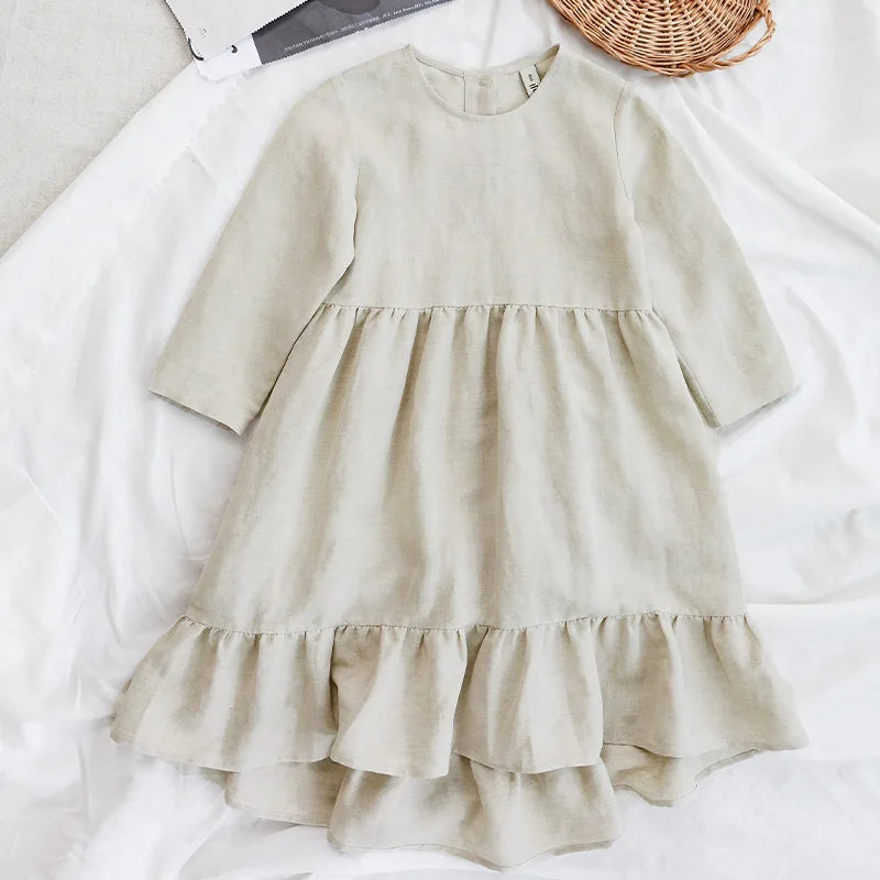 Girls' Linen Princess Dress 2026 Autumn New Children O-neck Long-Sleeve Ruffle Viscose And Linen Dresses Baby Kids Clothing TZ64