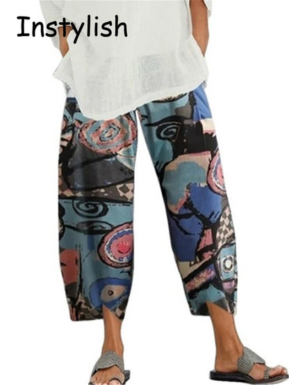 Vintage Cotton and Linen Loose Harem Pants Casual High Waist Wide Leg Trousers Women Harajuku Printed Baggy Pants Oversized