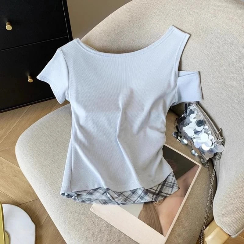 Girls Off Shoulder Fake Two Piece T-Shirt Short Sleeve Summer Kids Top Slim Fit Color Block Splicing Tee for Big Girls Age 7-14