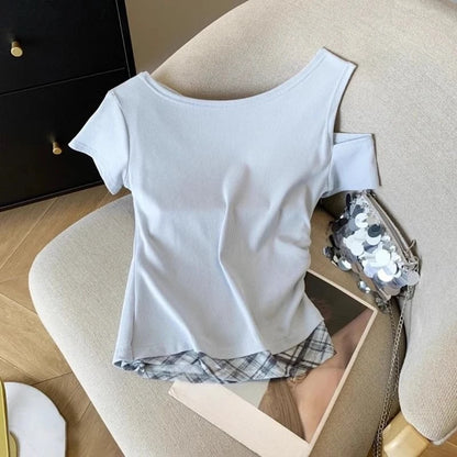 Girls Off Shoulder Fake Two Piece T-Shirt Short Sleeve Summer Kids Top Slim Fit Color Block Splicing Tee for Big Girls Age 7-14