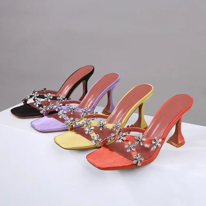 Shiny Crystal Flowers Decorative Women's Sandals 2025 Elegant High Heeled Slide Sandals for Women Cross Strap Summer High Heels