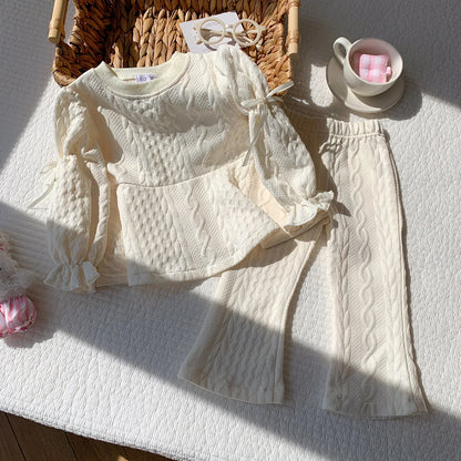 2026 Autumn New Children Long Sleeve Clothes Set Girls Cute Bow Loose Tops + Flared Trousers 2pcs Suit Kids Girls Outfits