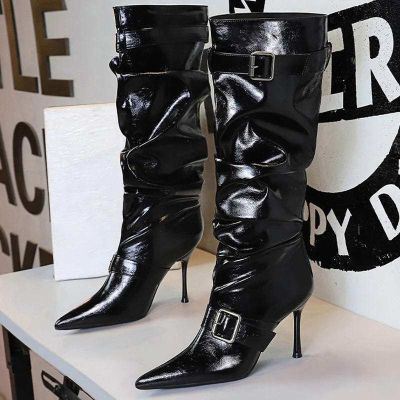 BIGTREE Shoes Sexy Stiletto Women Knee High Boots Pointed High-heeled Boots Belt Buckle Design Long Boots Pleated Leather Boots