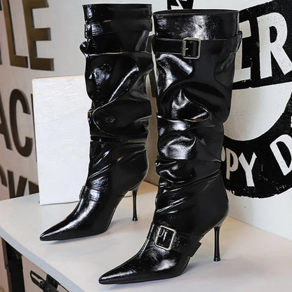 BIGTREE Shoes Sexy Stiletto Women Knee High Boots Pointed High-heeled Boots Belt Buckle Design Long Boots Pleated Leather Boots