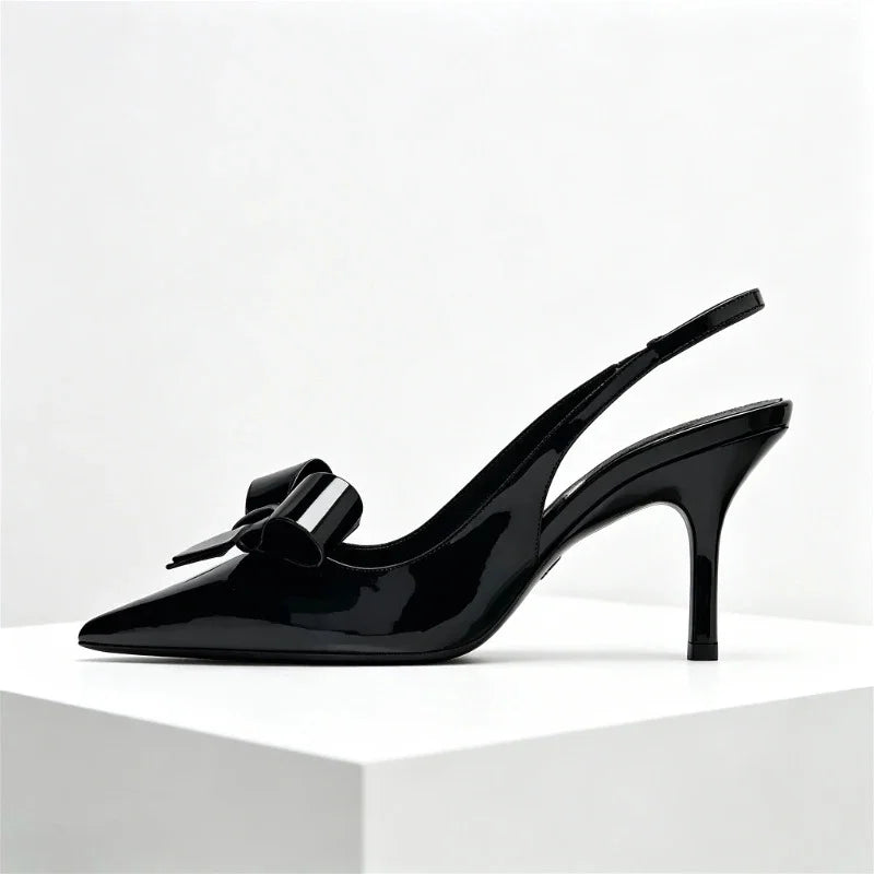 Black Sexy Pointed Toe Thin High Heels Women Fashion Bow Open Toe Heeled Sandals Banquet Dress Shoe Luxury Designer Women Pumps
