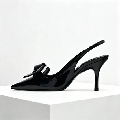 Black Sexy Pointed Toe Thin High Heels Women Fashion Bow Open Toe Heeled Sandals Banquet Dress Shoe Luxury Designer Women Pumps