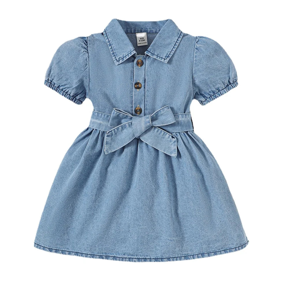 Baby Girl Fashion Dress Bubble Sleeve Lapel Jeans Casual Dress+Belt Summer Birthday Party Costumes for 1-3 Years Toddler Girl