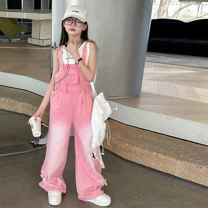 Overalls for Kids Pink Loose Casual Wide Leg Jeans Teenage Girls Jumpsuit Fashion All-match 12 13 14 Years Children Trousers