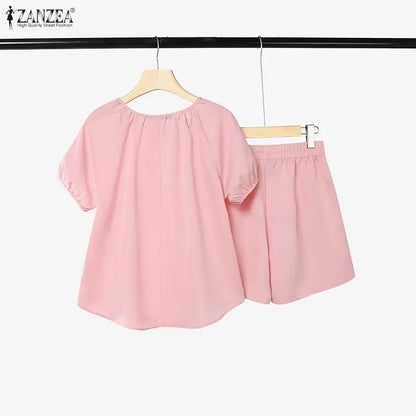 ZANZEA Women 2 Piece Matching Short Sets Loose Short Puff Sleeve Blouse & Elastic Waist Shorts Suits Summer Daily Sets Outfits