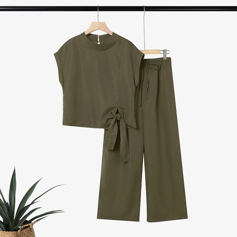 ZANZEA Women's Minimalist 2 Piece Sets Elegant Stand Collar Short Sleeve Blouse & Wide Leg Pant Suits Casual Pant Sets Outfits