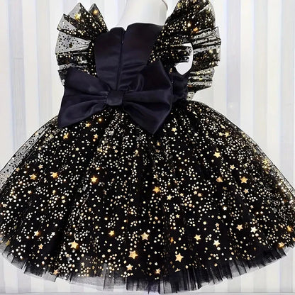 Toddler Baby Girls Luxury Star Sequins Flying Sleeve Bow Princess Dress For Infant 1st Year Birthday Baptism Christmas Prom Gown
