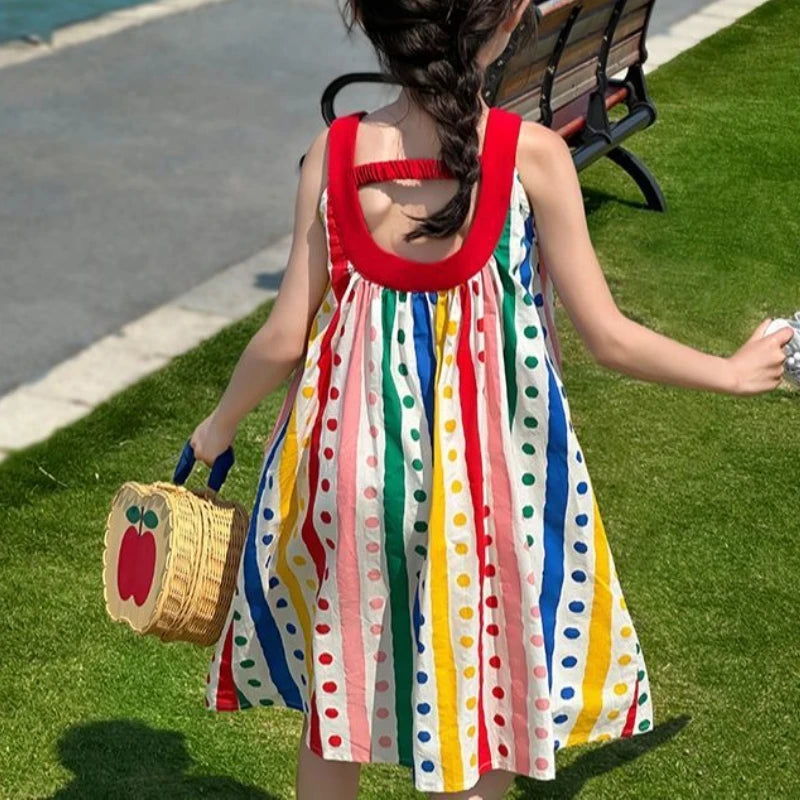 Sleeveless Vest Princess Rainbow Striped Dress Polka Dot Girl Elegant Girls Vintage Children's Clothing Party Junior Girls' Kids