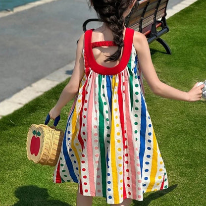 Sleeveless Vest Princess Rainbow Striped Dress Polka Dot Girl Elegant Girls Vintage Children's Clothing Party Junior Girls' Kids