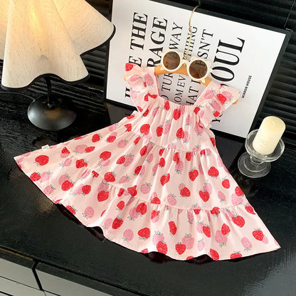 2026 Summer Girls Flutter Sleeve Dress Kids Printed Tiered Princess Dresses for 1-12Y Children Vacation Clothes